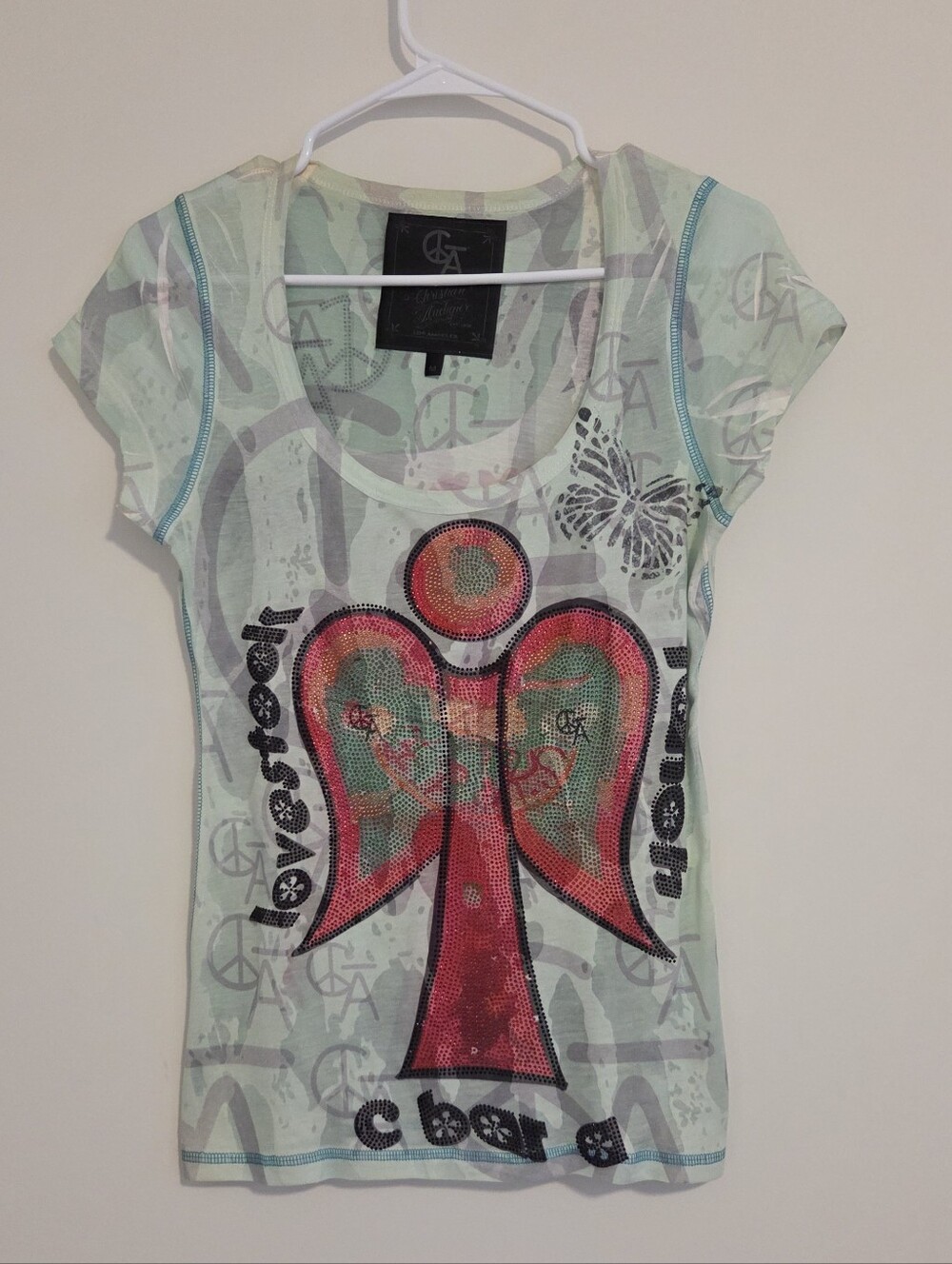 Vintage Y2K Christian Audigier "C Bar A Lovestock Ranch" Graphic Tee Mint Green